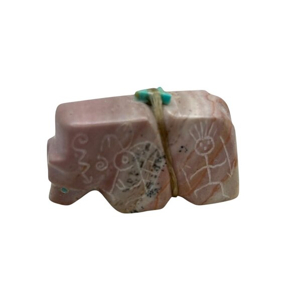 Zuni Handcrafted Pink Stone Bear Fetish Etchings Turquoise Eyes Offering Bundle - Picture 6 of 10